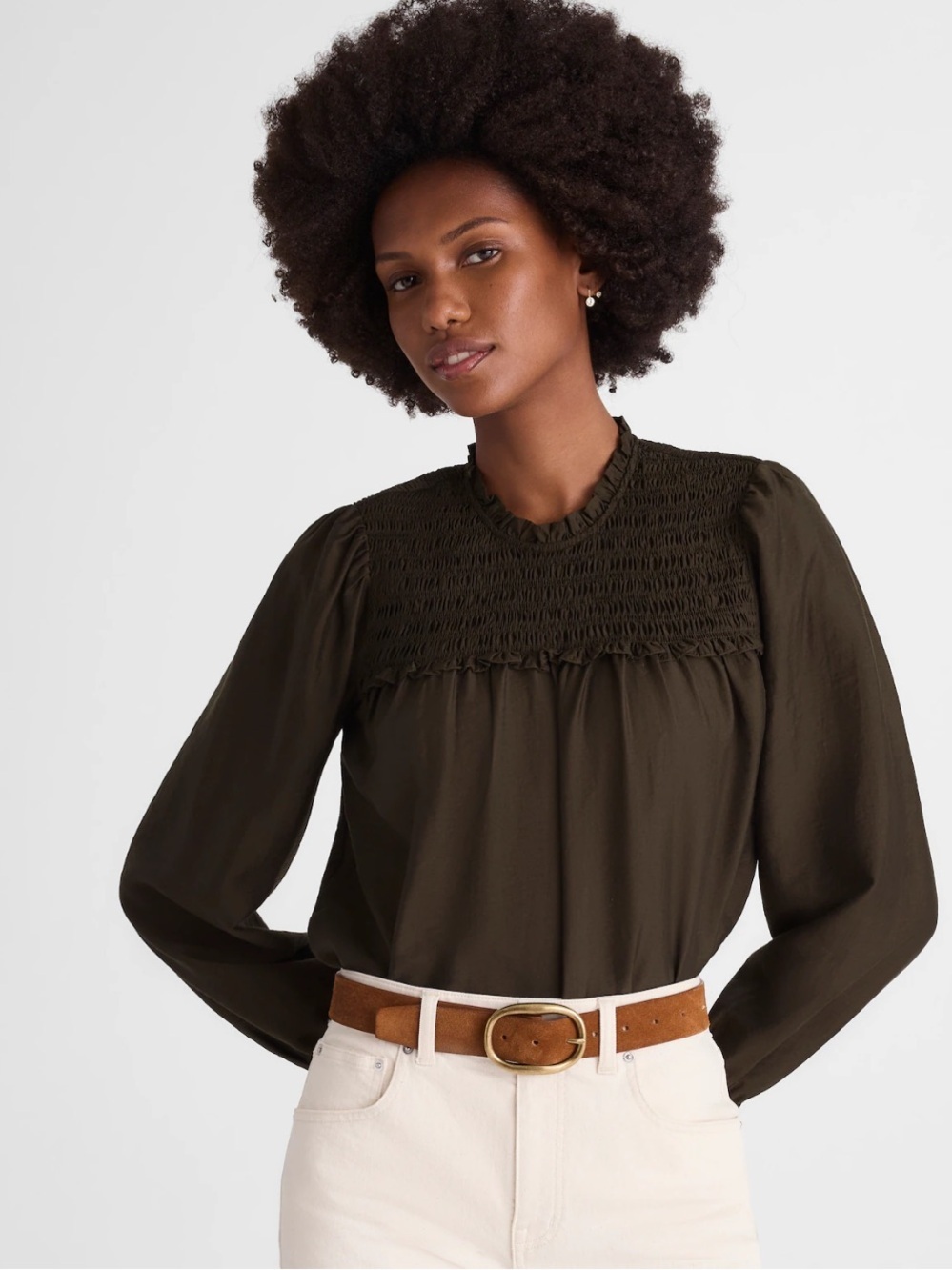 J crew Smocked High-Neck Long-Sleeve Top